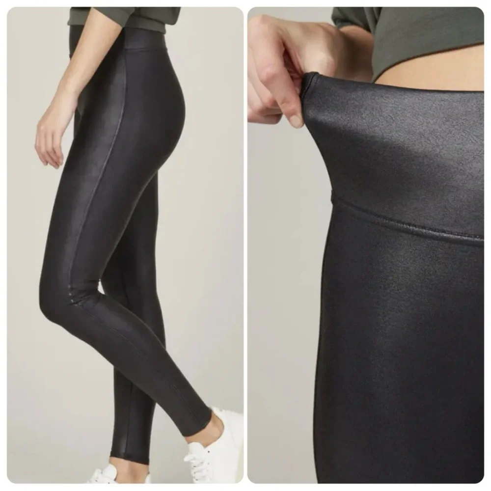 Spanx Faux Leather Black Shimmer Metallic Slimming Leggings Pants Women's XL - Picture 3 of 12